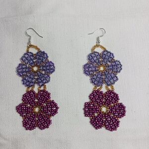 Handcrafted Beaded Floral Earrings - Purple and Pink